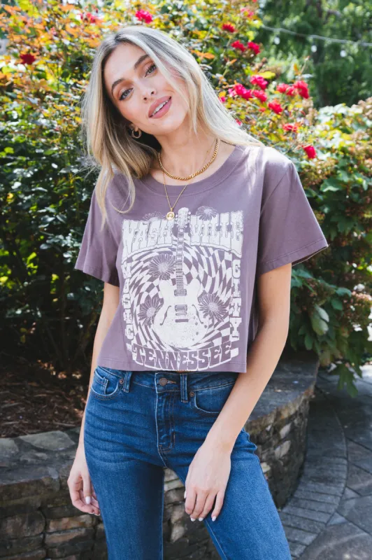 Nashville Music City Crop Tee, Peppercorn sold by North & Main Clothing Company
