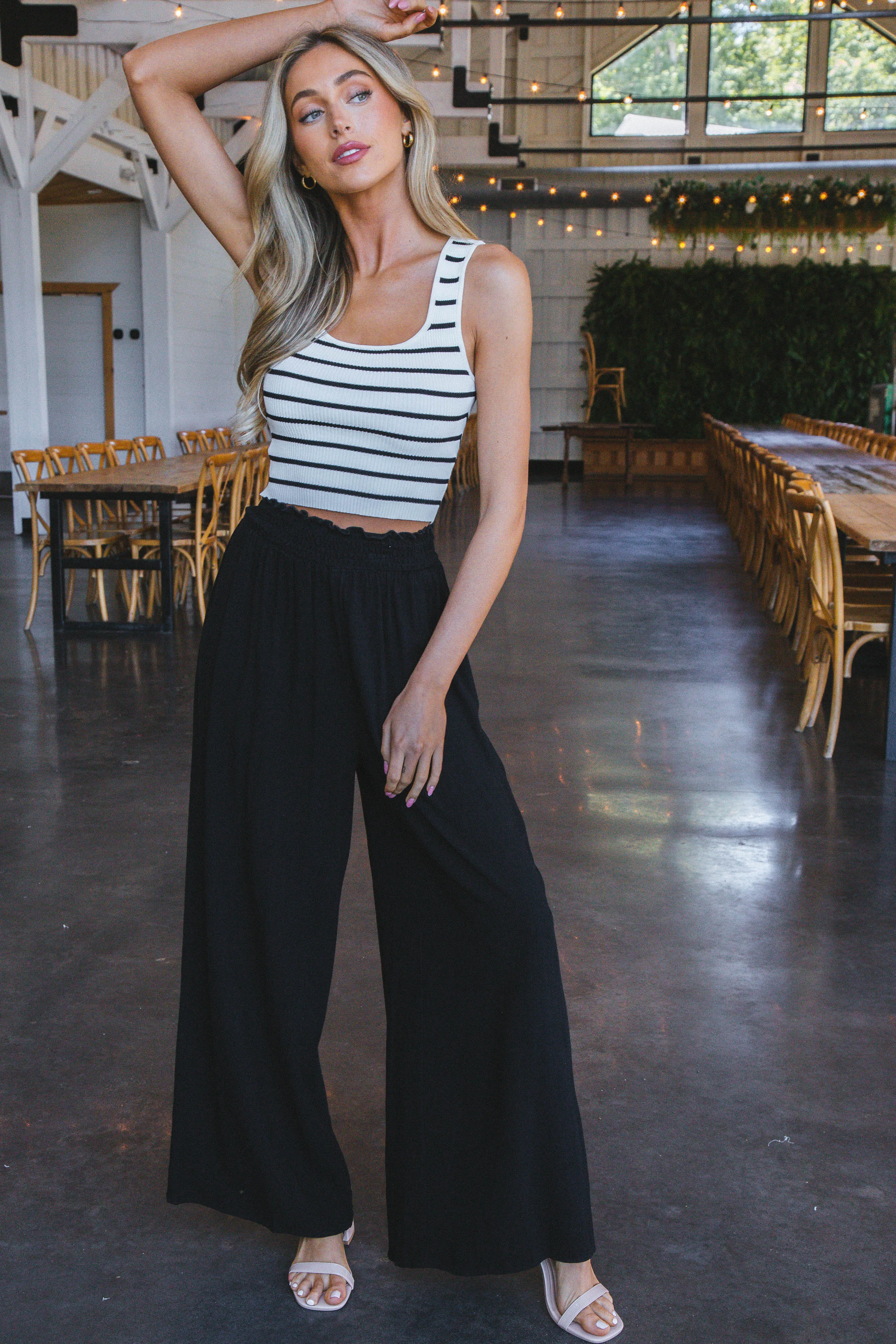 Gemma Smocked Waist Linen Pants, Black sold by North & Main Clothing Company