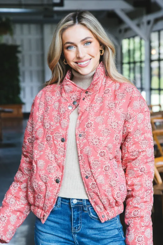 Dahlia Floral Print Woven Puff Jacket, Red-Multi sold by North & Main Clothing Company