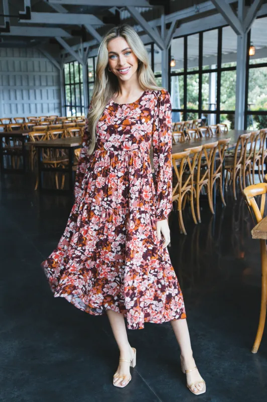 Jolie Long Sleeve Floral Tiered Midi Dress, Burgundy sold by North & Main Clothing Company