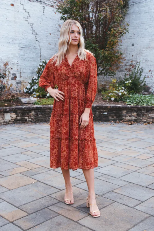 Kinsley Three Quarter Sleeve Printed Tiered Maxi Dress, Wine sold by North & Main Clothing Company