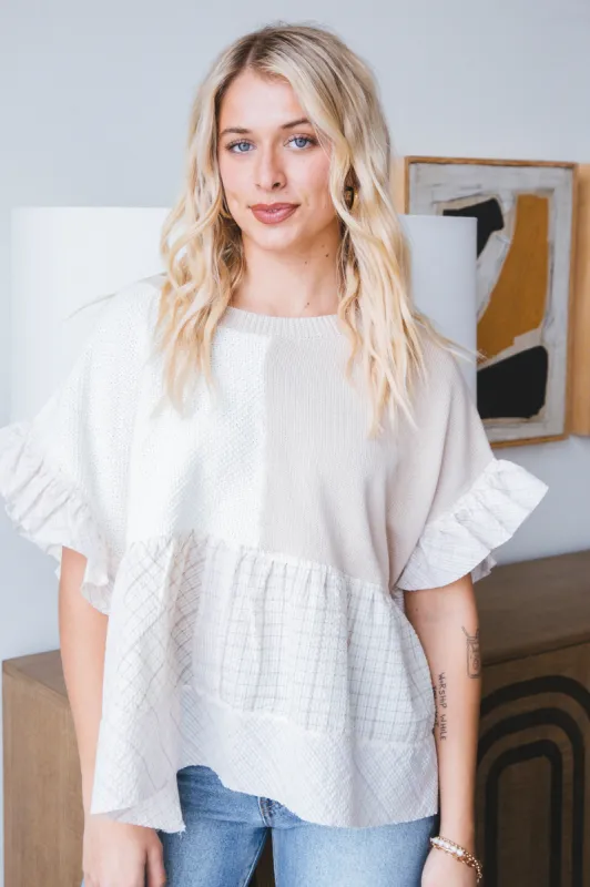 Sloane Patchwork Flutter Sleeve Top, Ivory Multi sold by North & Main Clothing Company