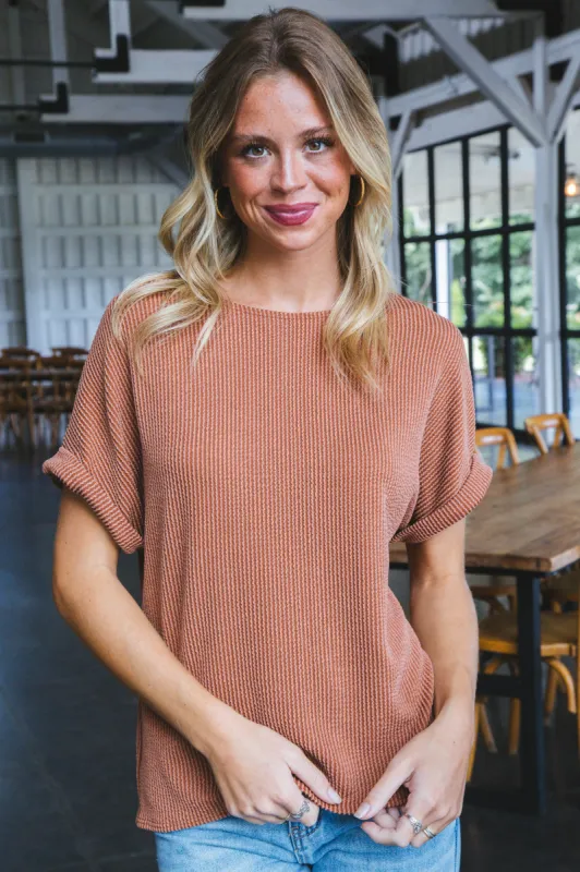 Jana Ribbed Short Sleeve Top, Terracotta sold by North & Main Clothing Company