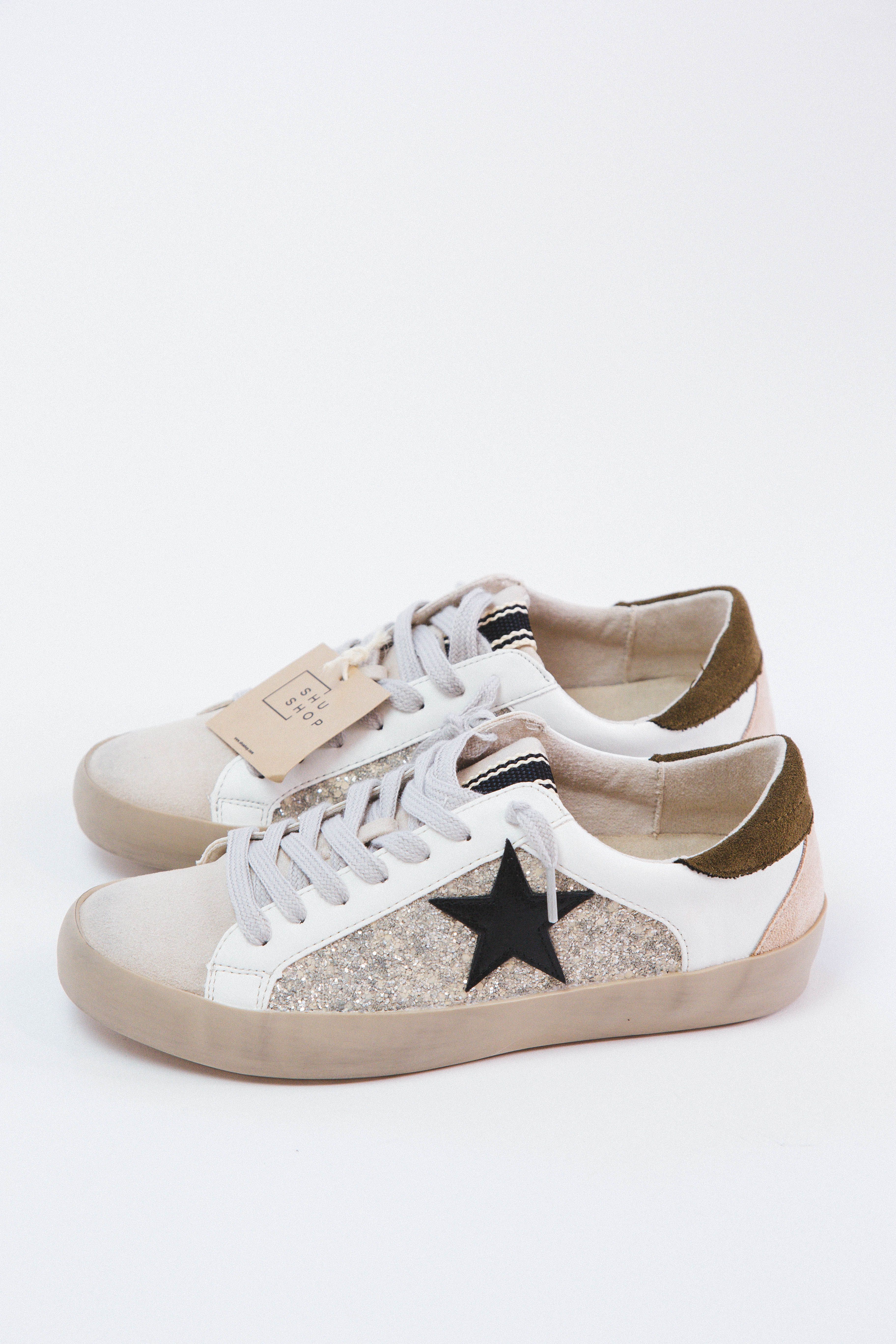 Paula Lace Up Star Sneaker, Pearl Glitter sold by North & Main Clothing Company