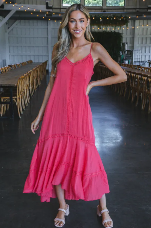 Hadley Lace Trim Maxi Dress, Hibiscus made by North & Main Clothing Company