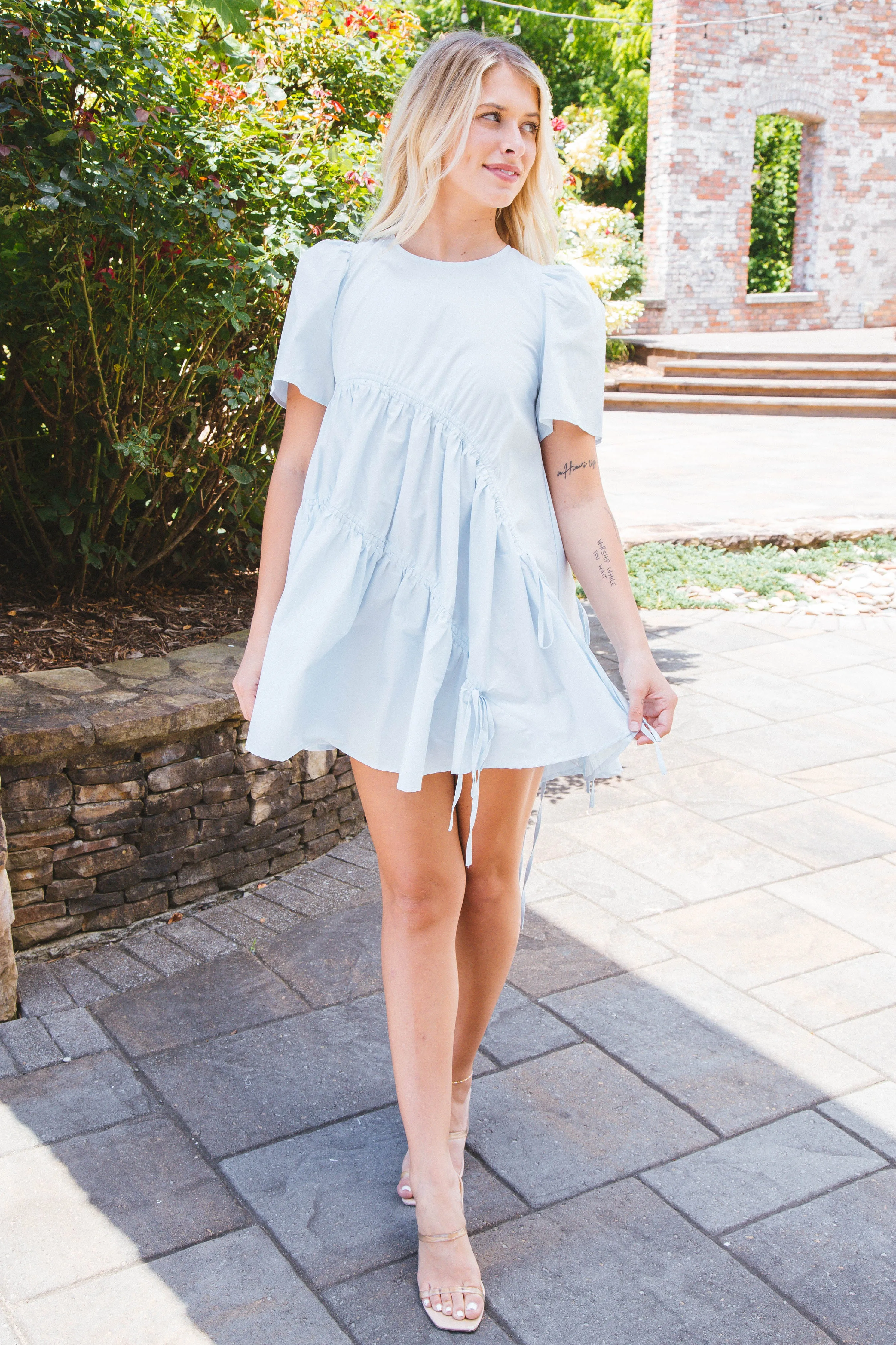 Picnics Gathered Mini Dress, Sky | Sadie & Sage sold by North & Main Clothing Company product image thumbnail 3
