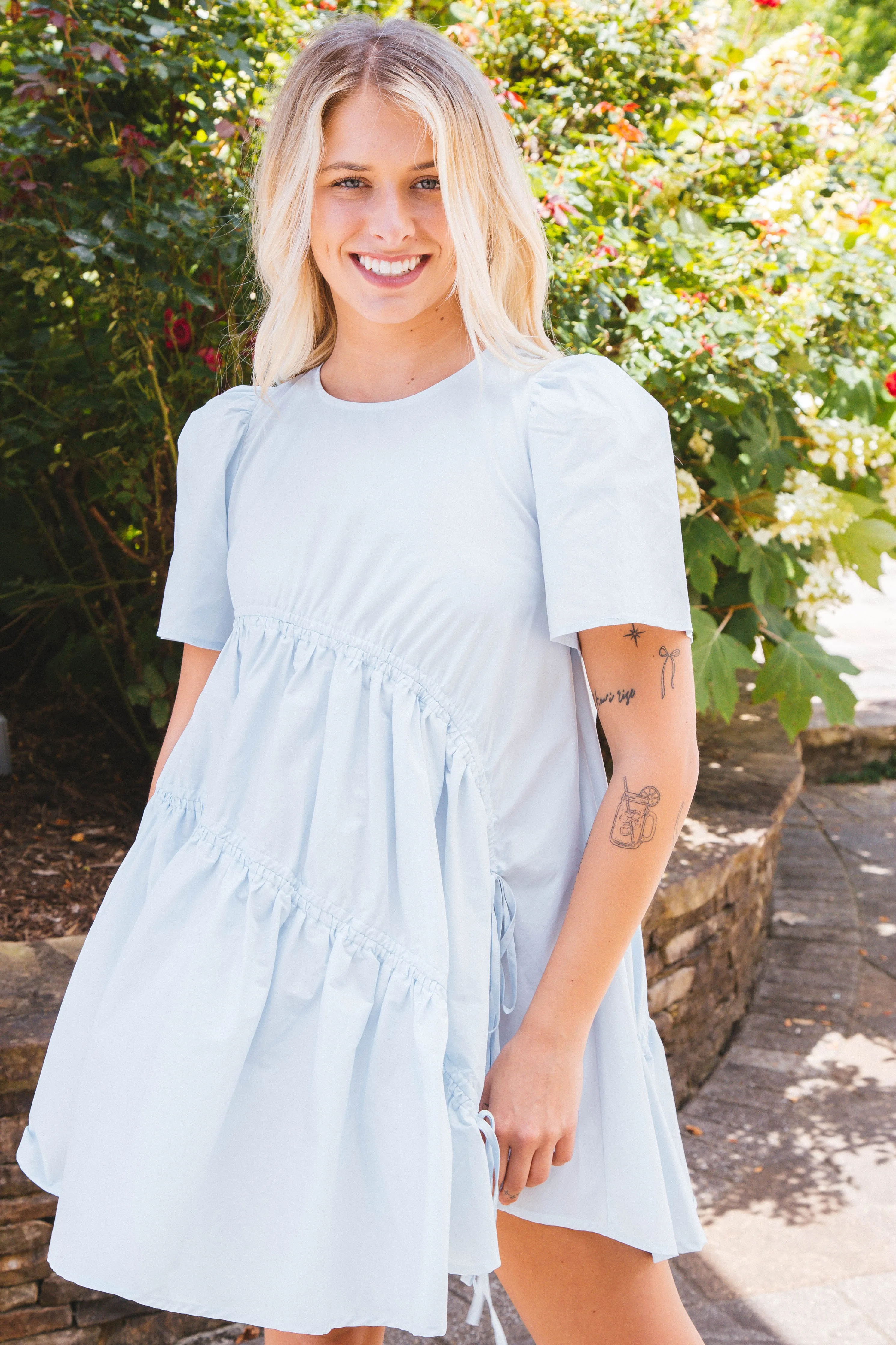 Picnics Gathered Mini Dress, Sky | Sadie & Sage sold by North & Main Clothing Company product image thumbnail 4