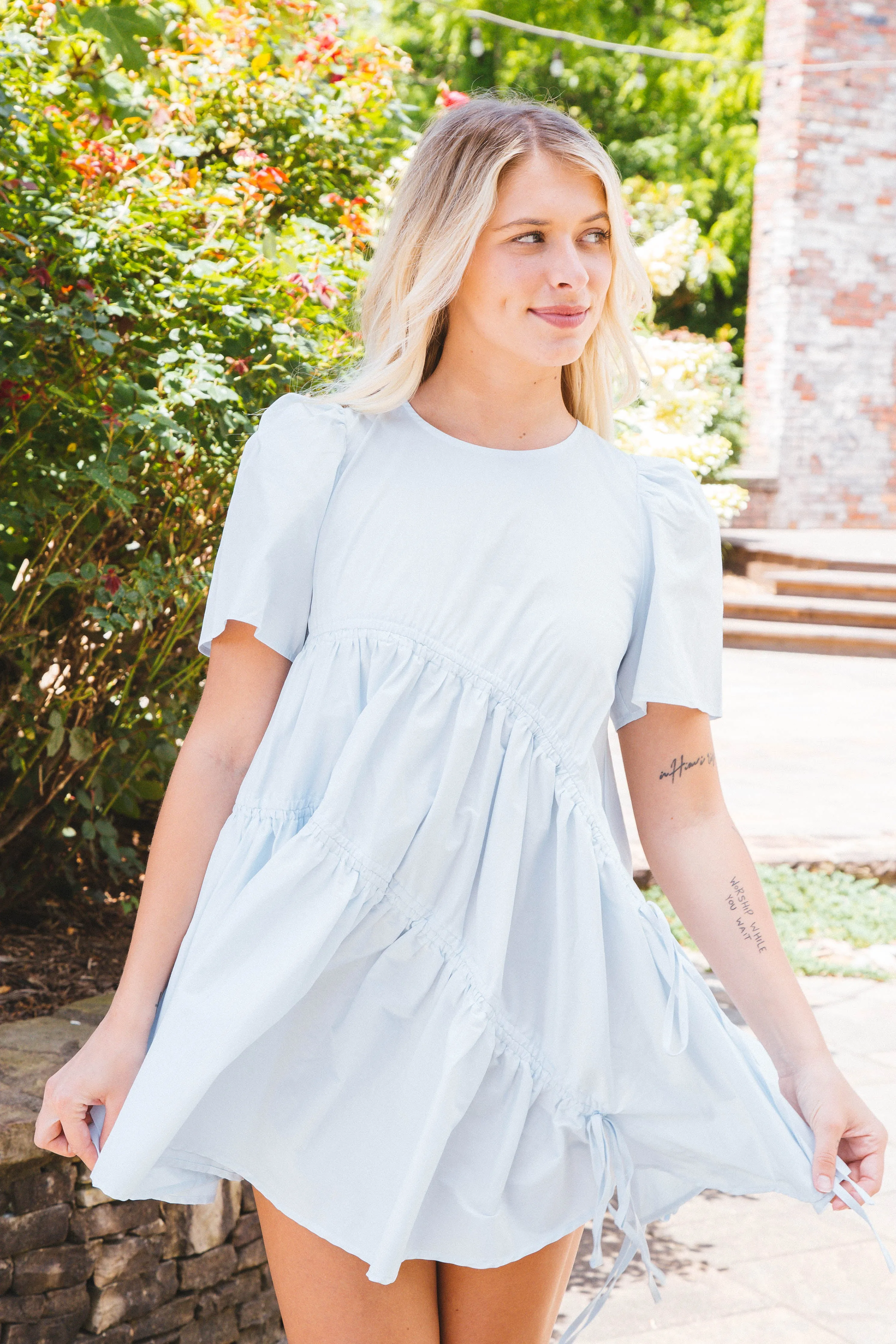 Picnics Gathered Mini Dress, Sky | Sadie & Sage sold by North & Main Clothing Company product image thumbnail 2