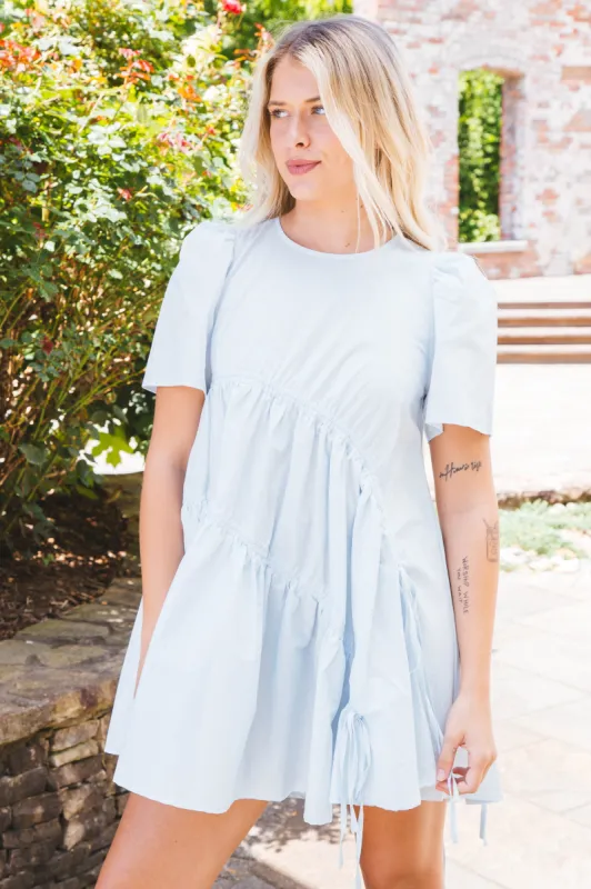 Picnics Gathered Mini Dress, Sky | Sadie & Sage sold by North & Main Clothing Company