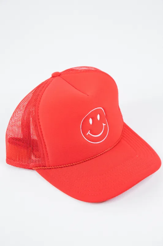 Red Smiley Trucker Hat sold by North & Main Clothing Company