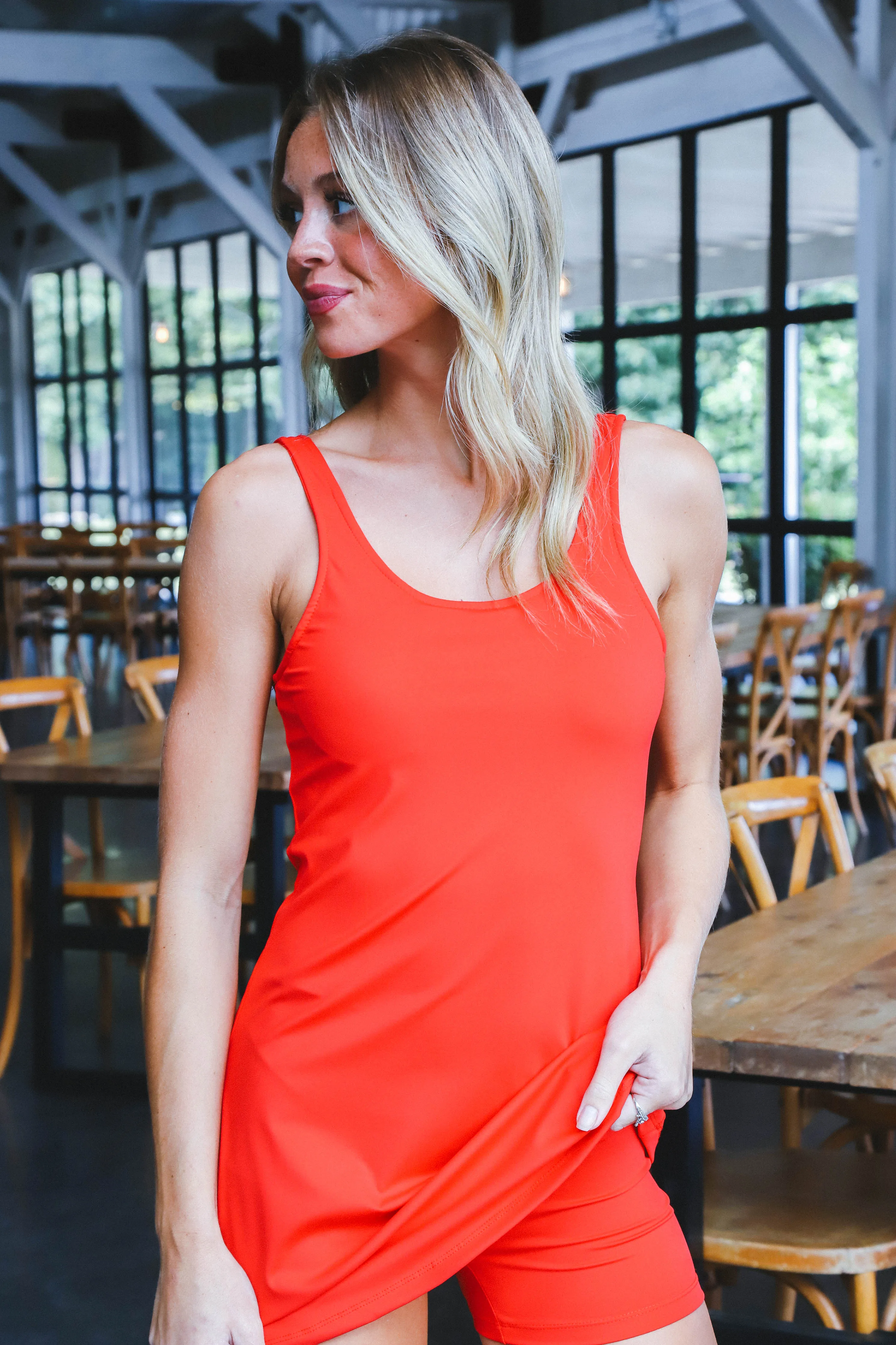 Alia Flare Active Romper Dress, Red sold by North & Main Clothing Company product image thumbnail 2