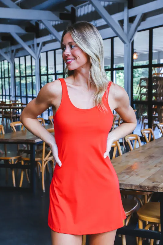 Alia Flare Active Romper Dress, Red sold by North & Main Clothing Company