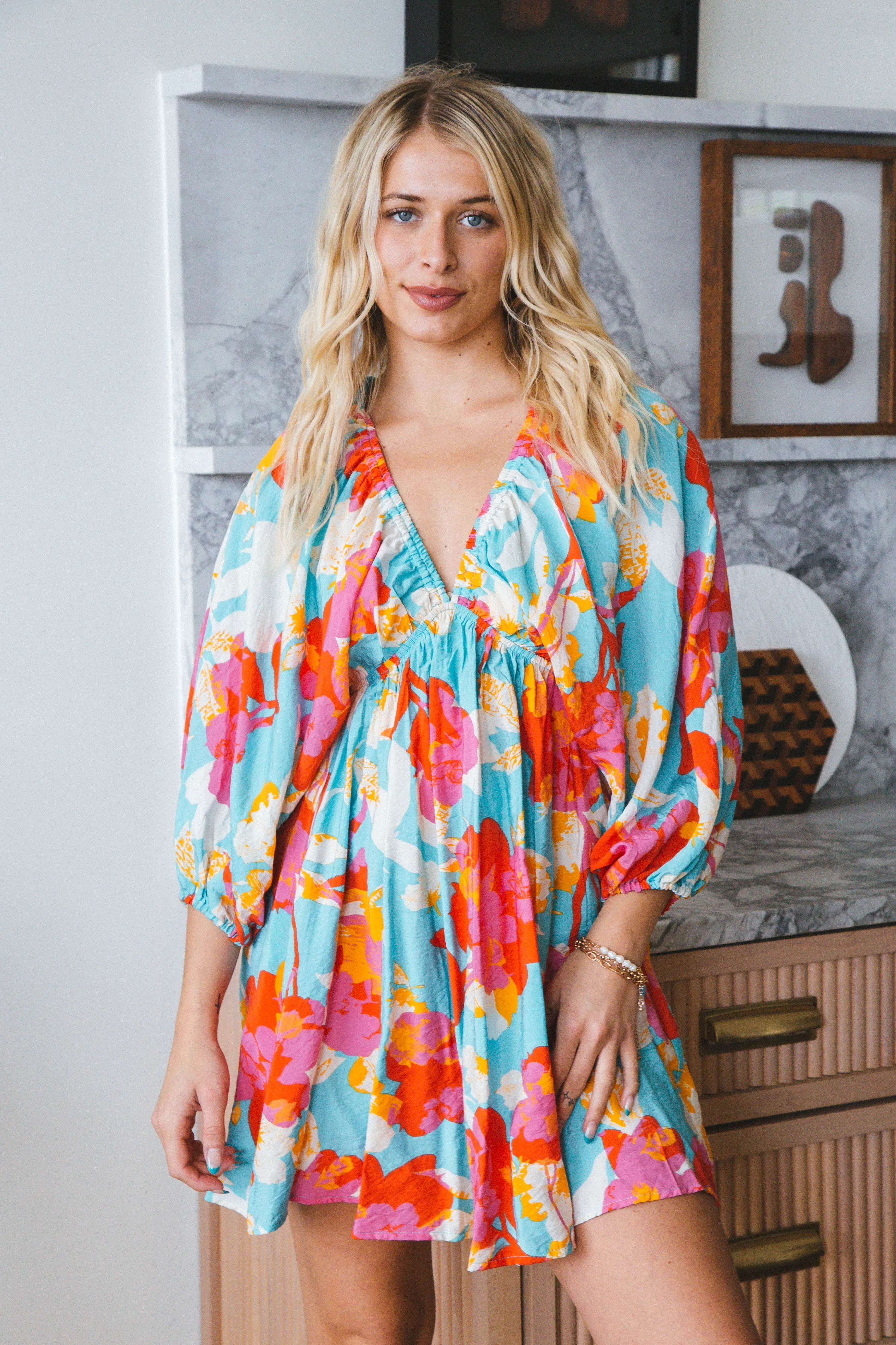 Vivian Floral V-Neck Mini Dress, Blue Multi sold by North & Main Clothing Company product image thumbnail 3