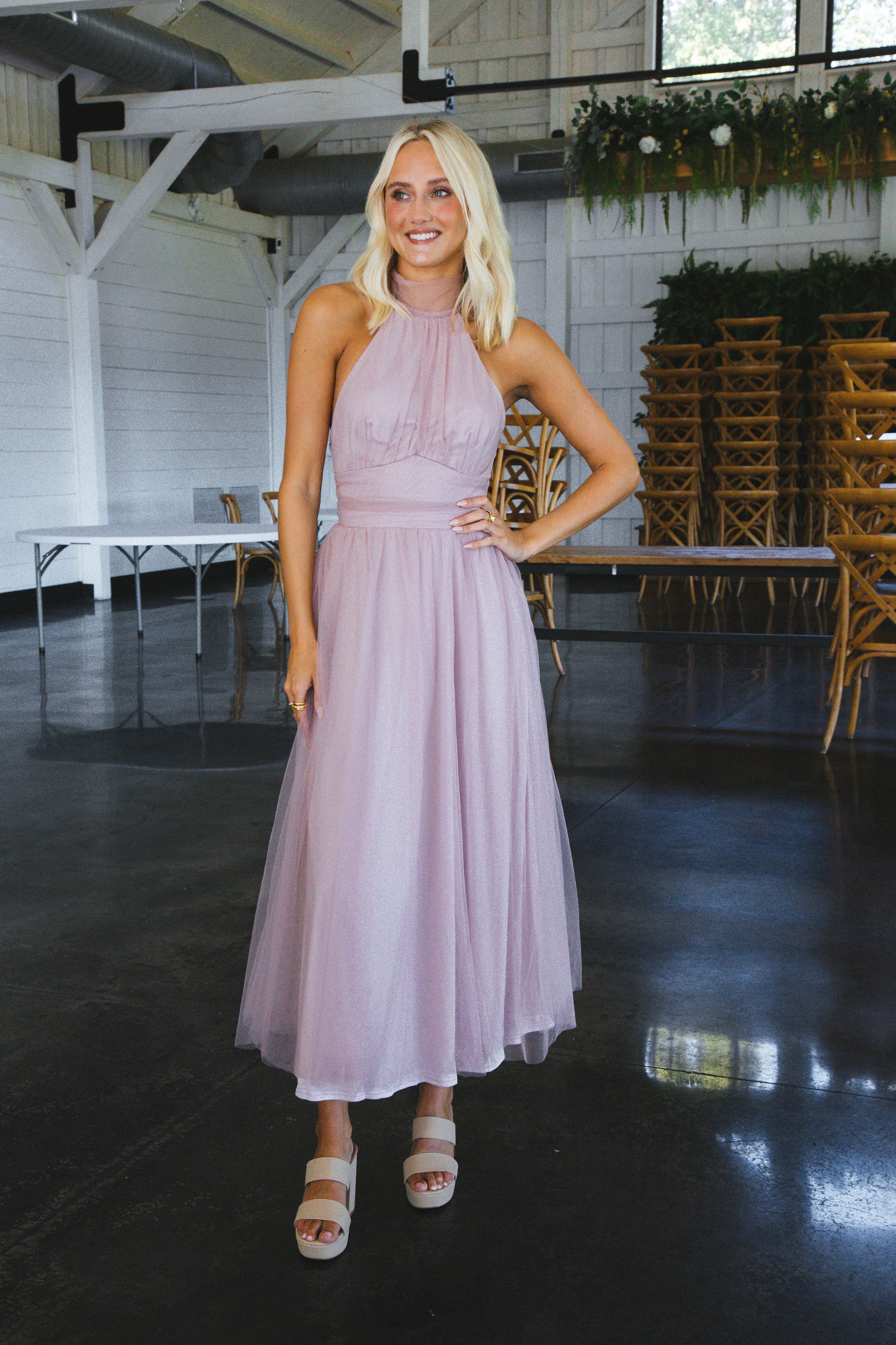 Pink Sunset Halter Tulle Midi Dress, Blush sold by North & Main Clothing Company