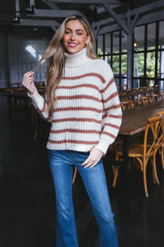 Aki Turtleneck Striped Sweater, Ivory/Camel | Sadie & Sage sold by North & Main Clothing Company
