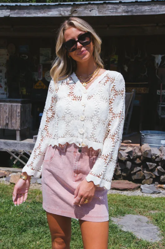 Mona Floral Crochet Cardigan, Natural sold by North & Main Clothing Company