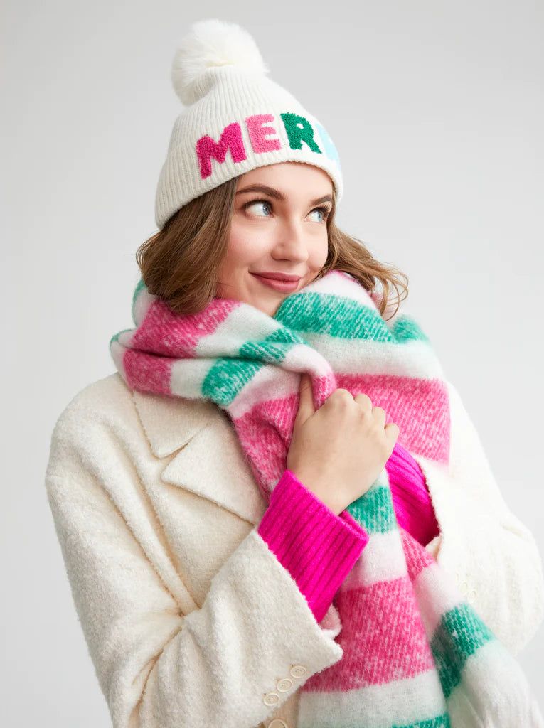 Merry Graphic Knit Hat, Ivory sold by North & Main Clothing Company