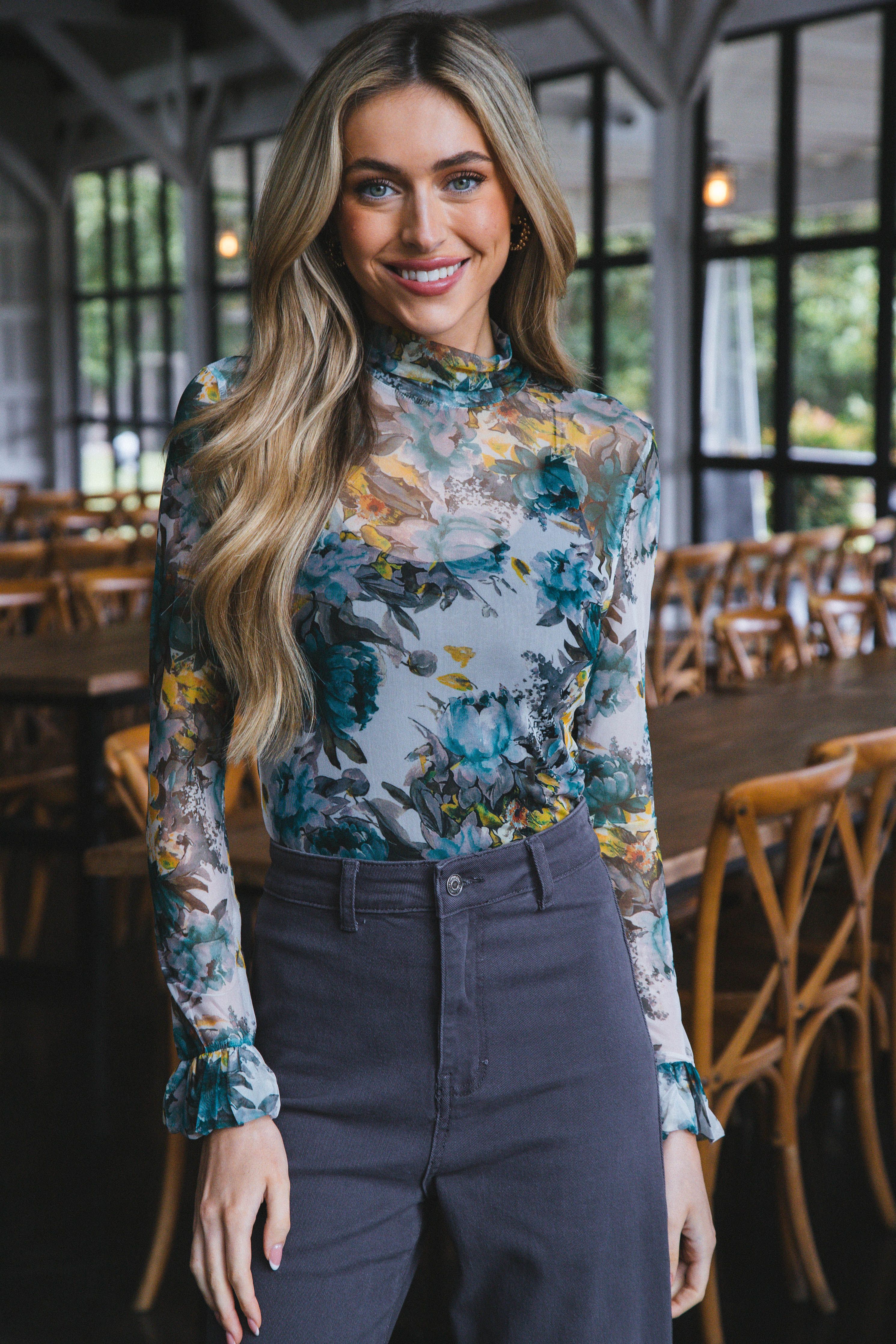 Jolene Floral Mesh Top, Green Floral sold by North & Main Clothing Company