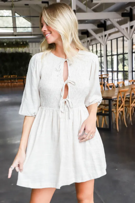 Liv Bow Front Pinstripe Dress, Taupe sold by North & Main Clothing Company