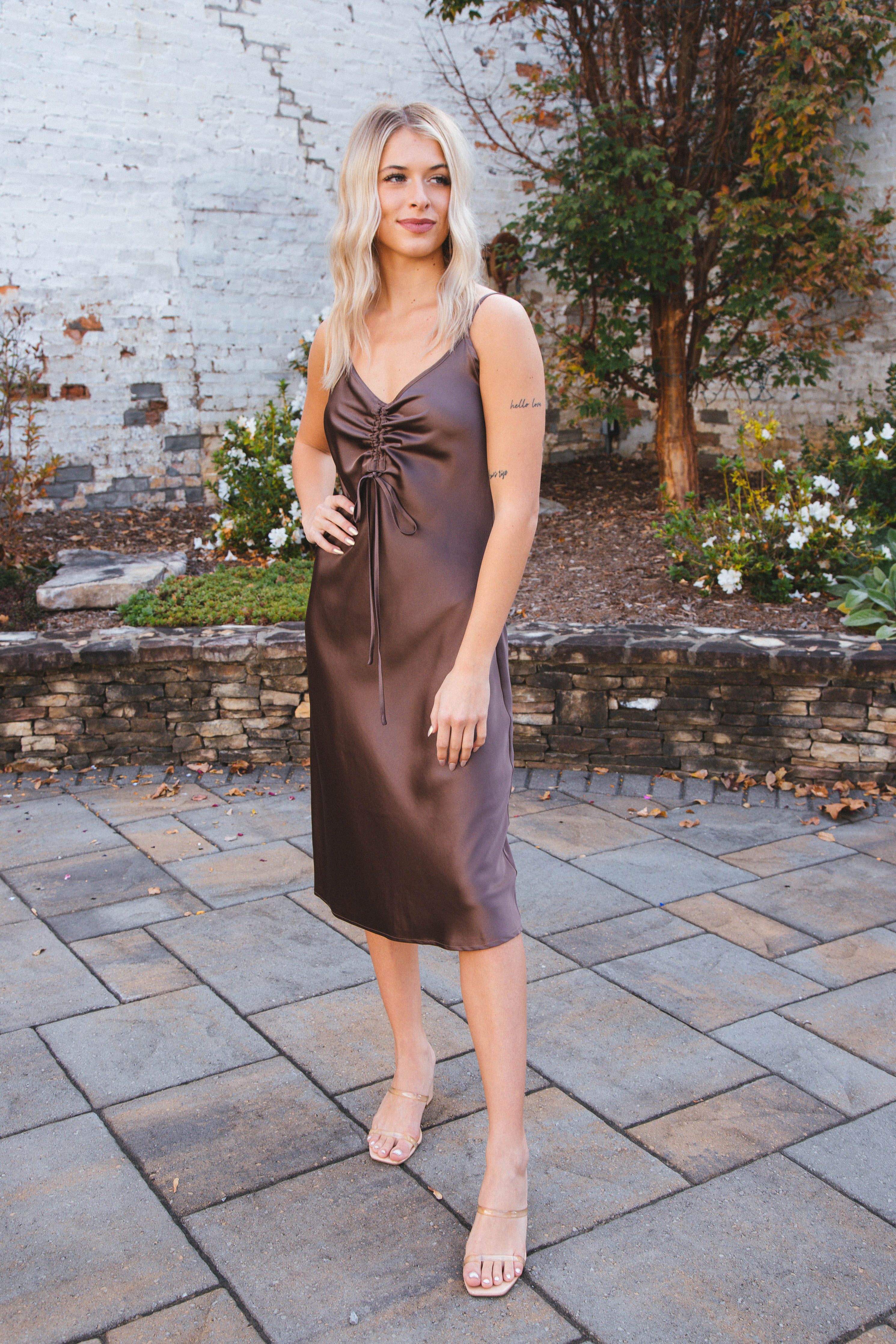 Livvy Satin Slip Dress, Brownie | Velvet Heart sold by North & Main Clothing Company product image thumbnail 4