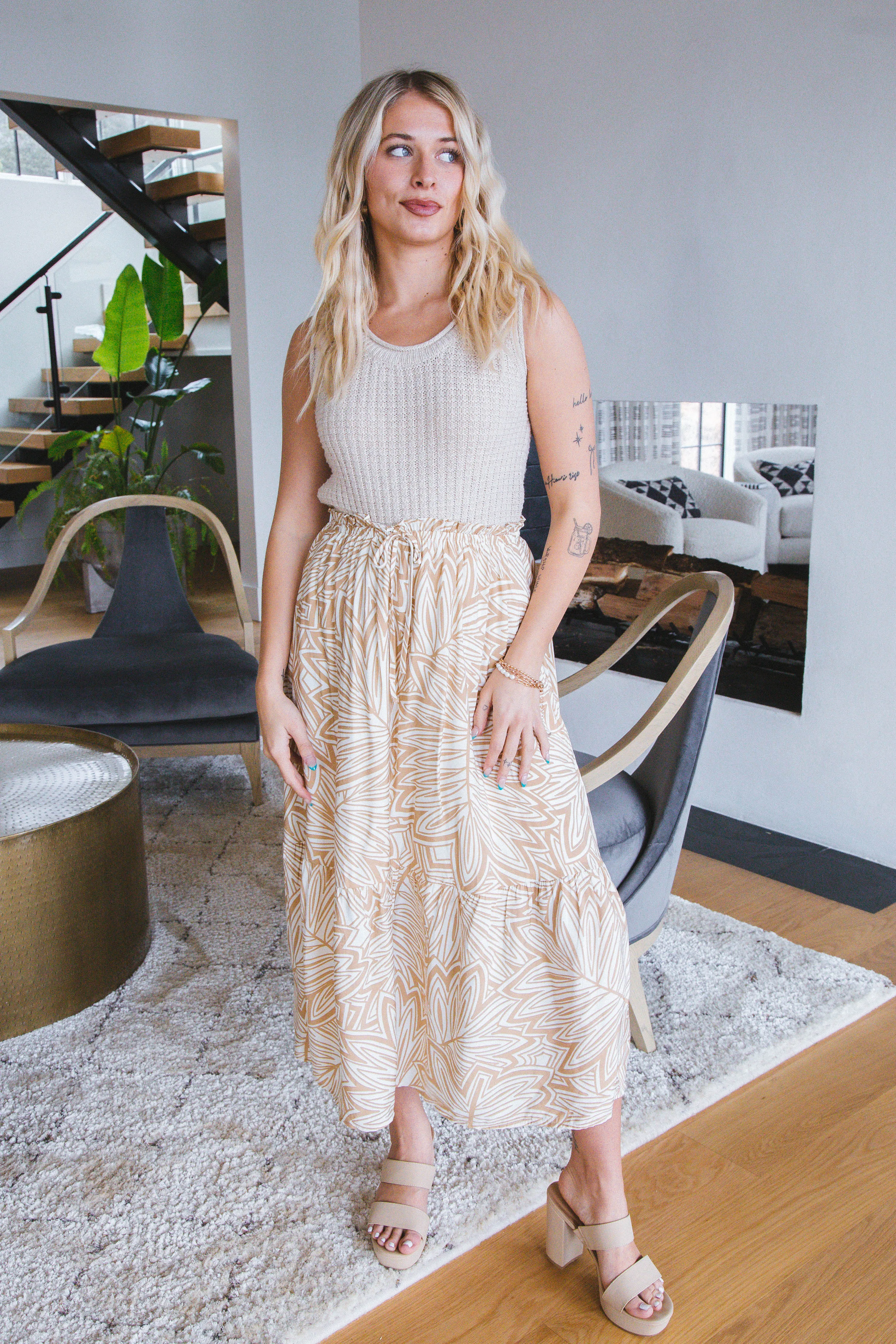 Bri Printed Midi Skirt, Khaki sold by North & Main Clothing Company