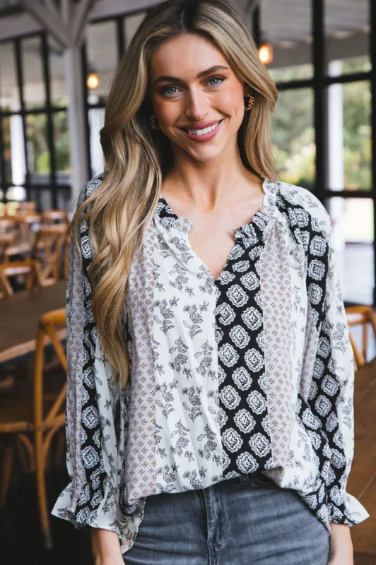 Sierra Ruffle Neck Printed Top, Black Mix sold by North & Main Clothing Company