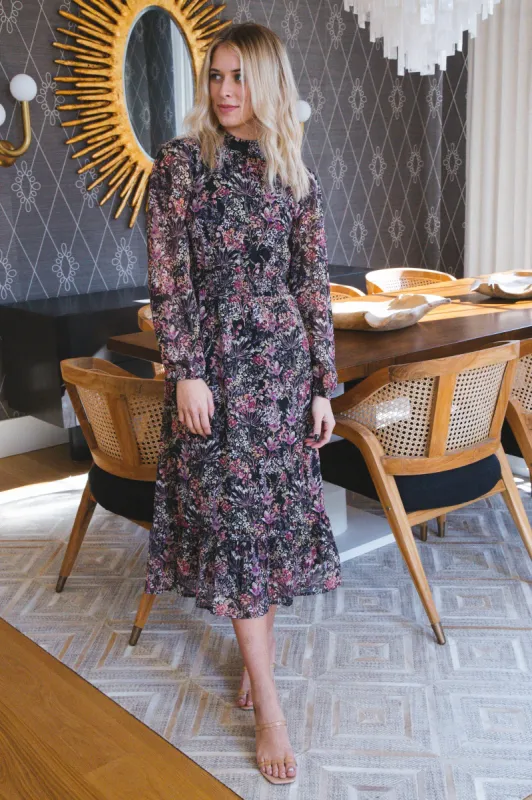 Pull Me In Long Sleeve Midi Dress, Black Multi | Sadie & Sage sold by North & Main Clothing Company