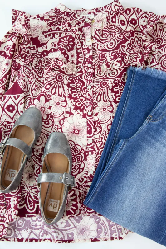 Sloan Two Tone Button Down Blouse, Sangria | Plus Size made by Umgee