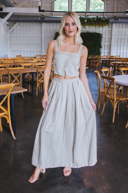 Brielle Linen Box Pleat Maxi Skirt, Khaki made by ILLA ILLA