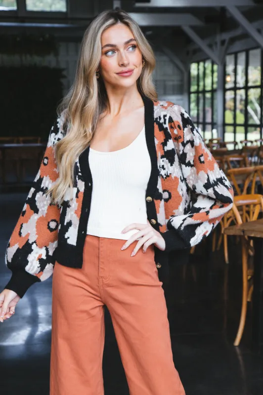 Casey Printed Button Up Cardigan, Black-Brown sold by North & Main Clothing Company