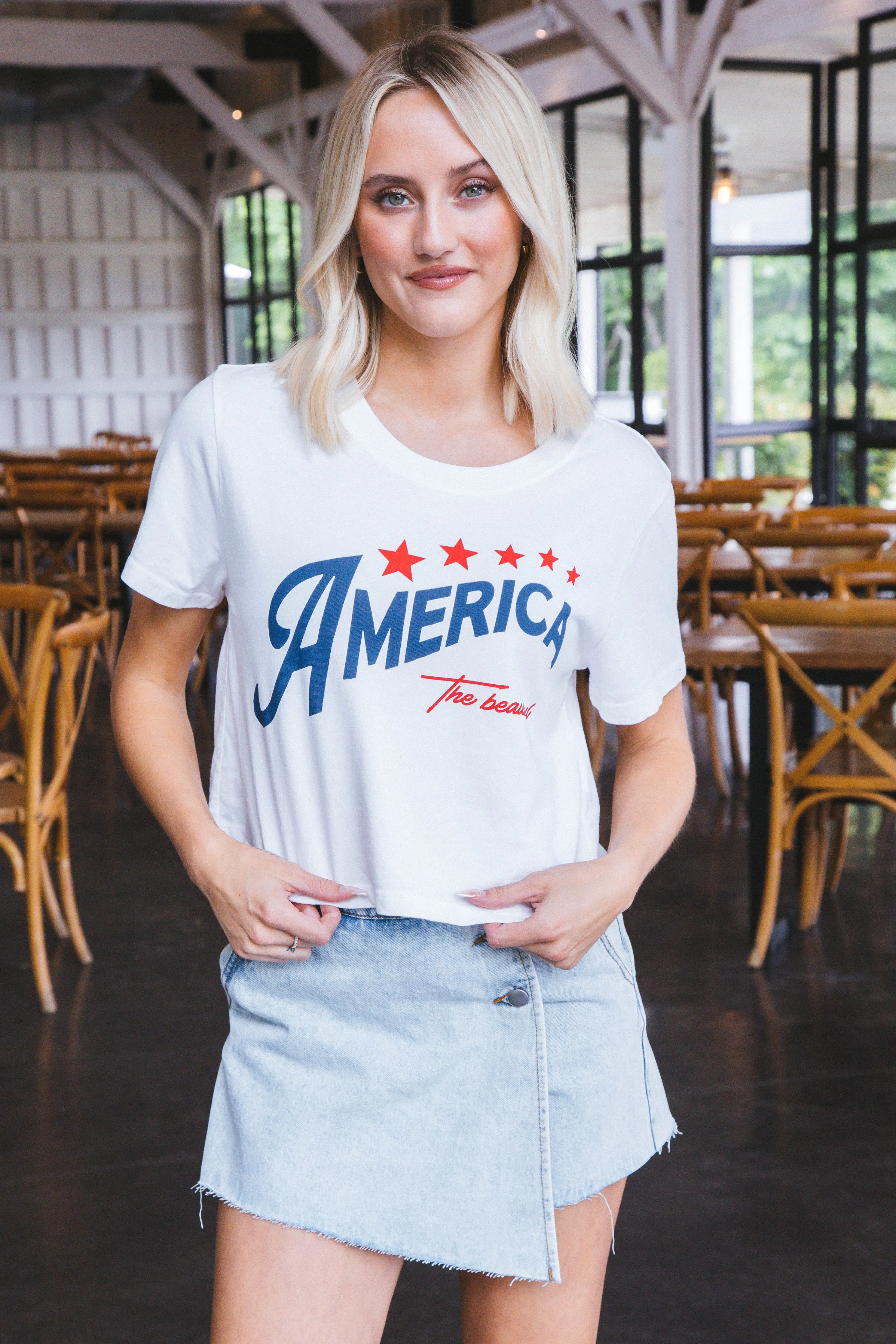 America The Beautiful Graphic Crop Top, White sold by North & Main Clothing Company