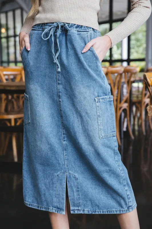 Jada Denim Midi Cargo Skirt, Medium Denim sold by North & Main Clothing Company