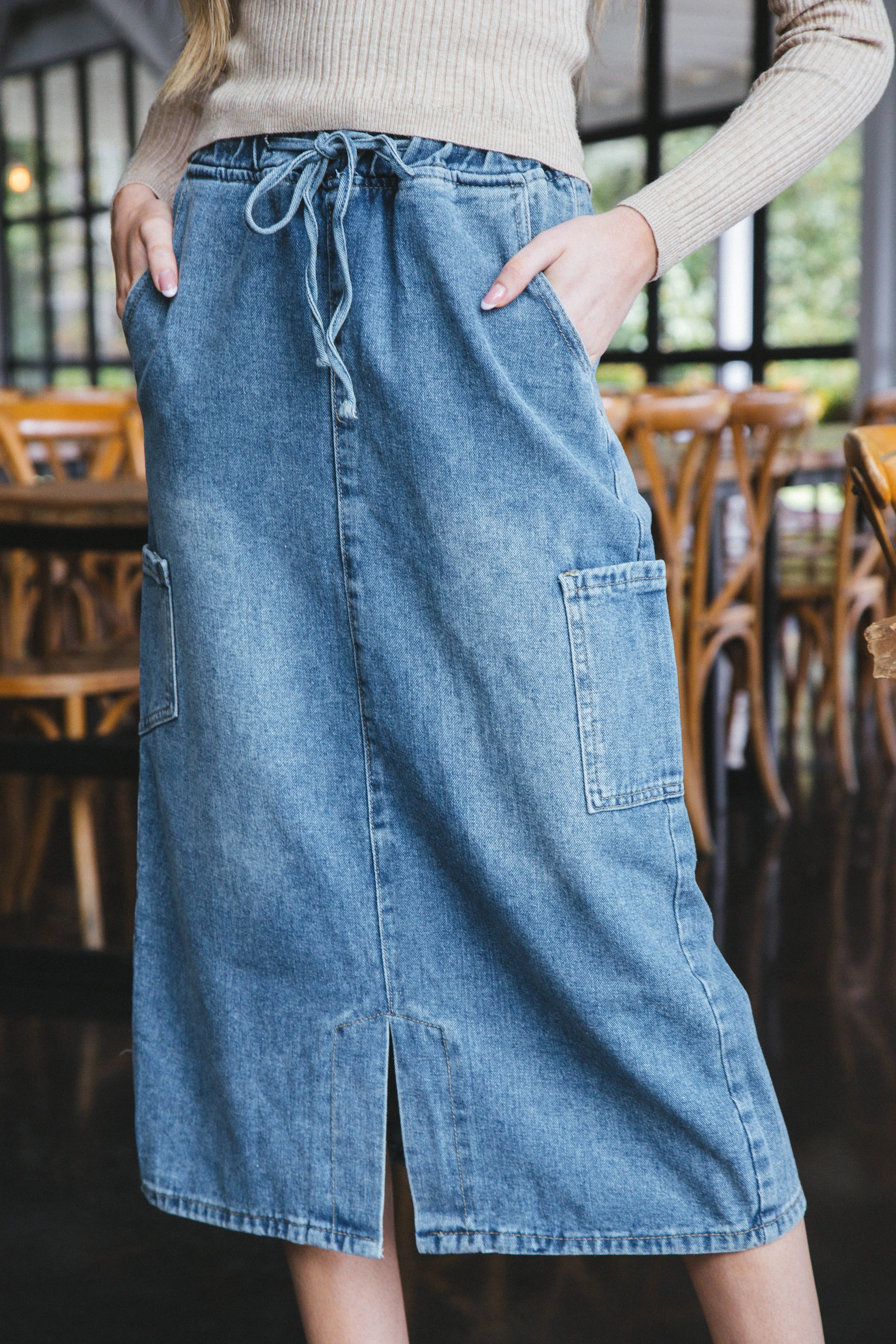 Jada Denim Midi Cargo Skirt, Medium Denim sold by North & Main Clothing Company