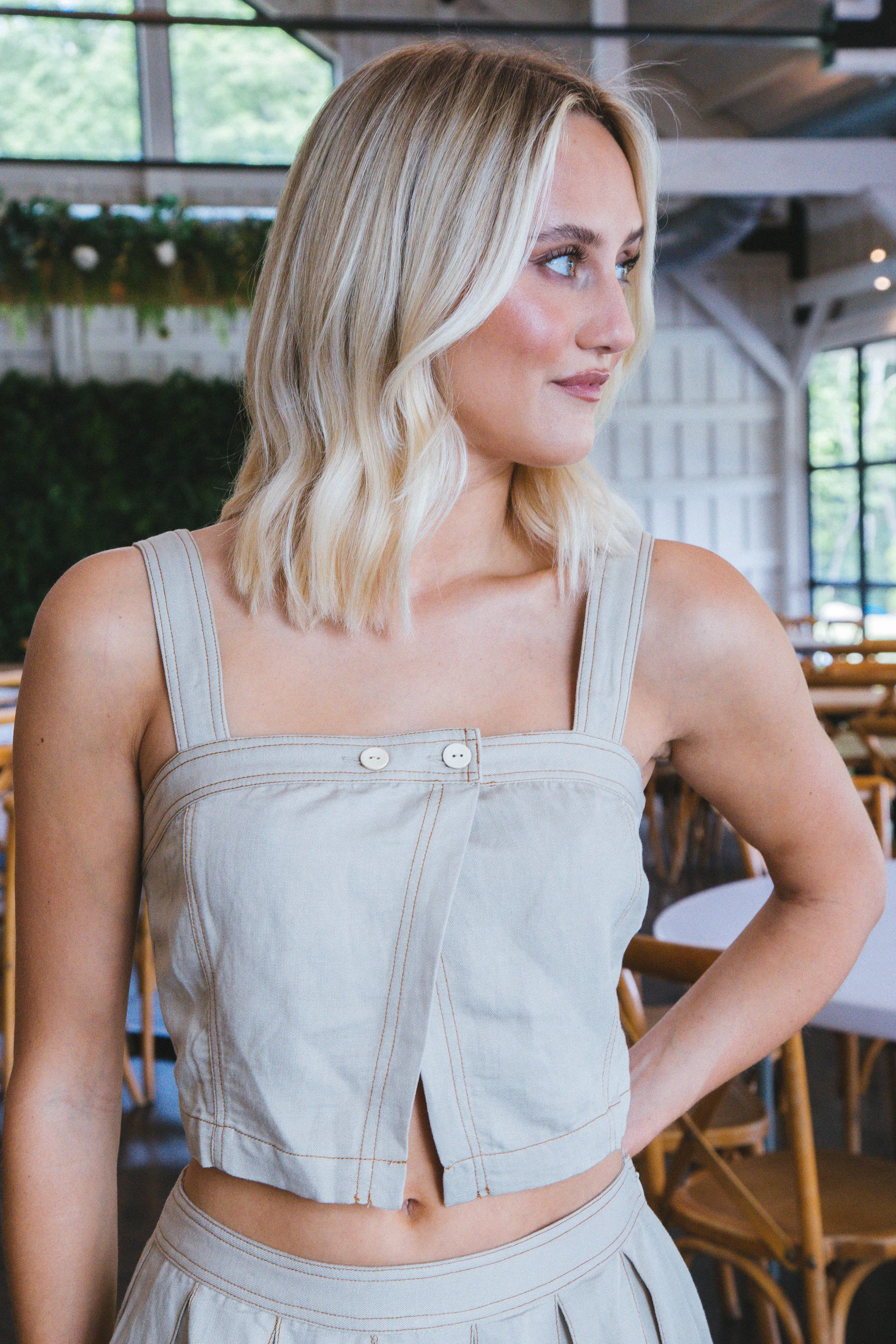 Brielle Linen Button Crop Top, Khaki sold by North & Main Clothing Company