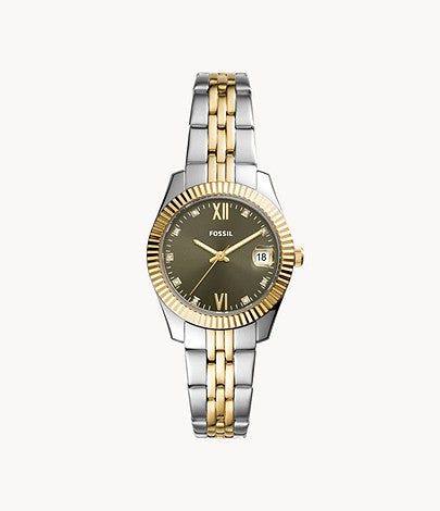 Scarlette Mini Three-Hand Date Two-Tone Stainless Steel Watch, Silver/Gold | FOSSIL sold by North & Main Clothing Company