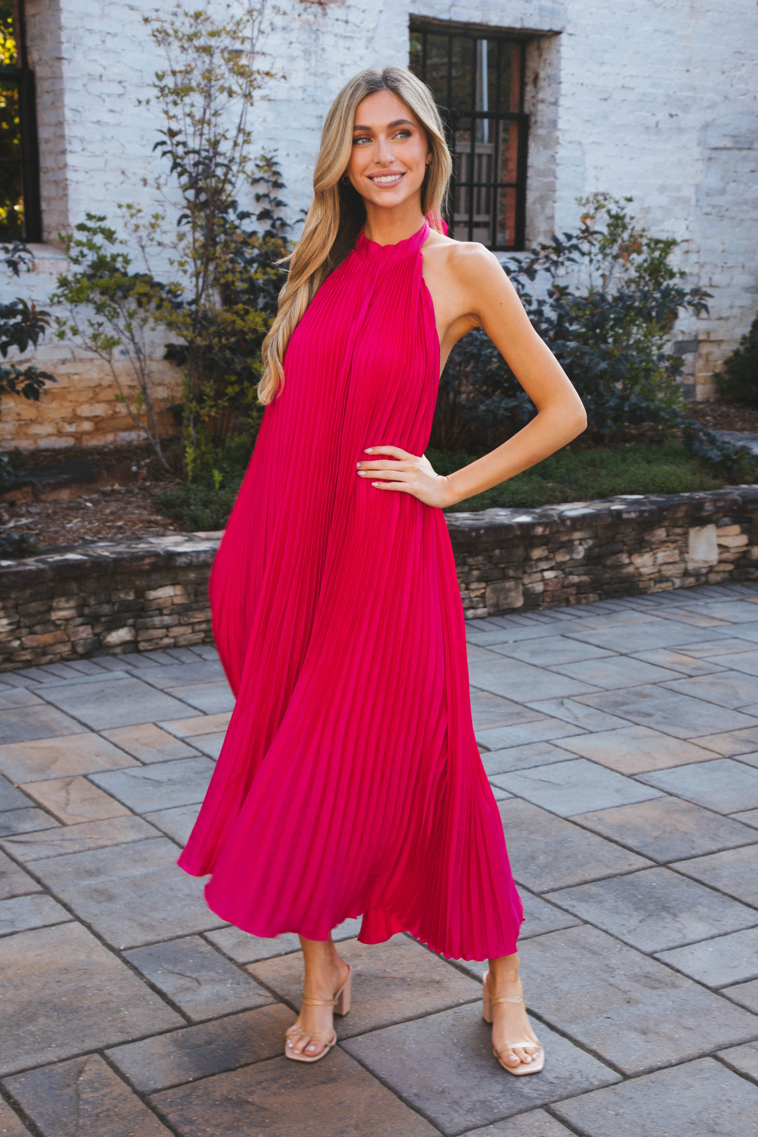 Polly Pleated Long Dress, Fuchsia sold by North & Main Clothing Company