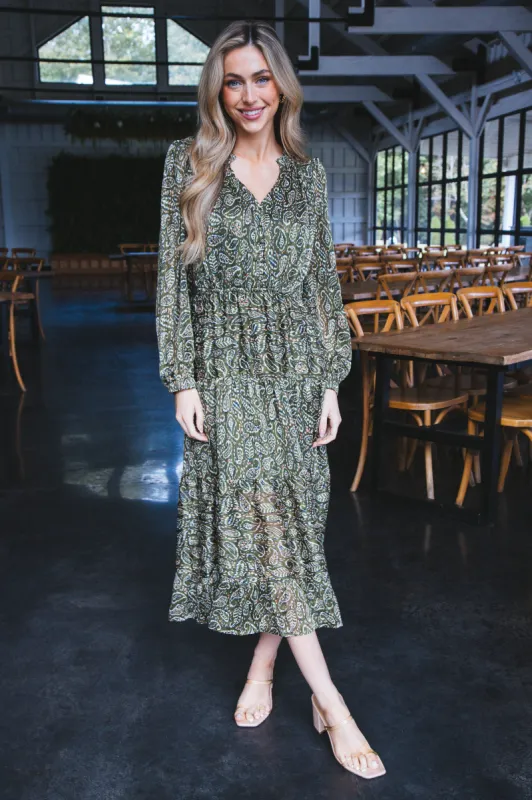 Amaris Paisley Maxi Dress, Olive Mix sold by North & Main Clothing Company
