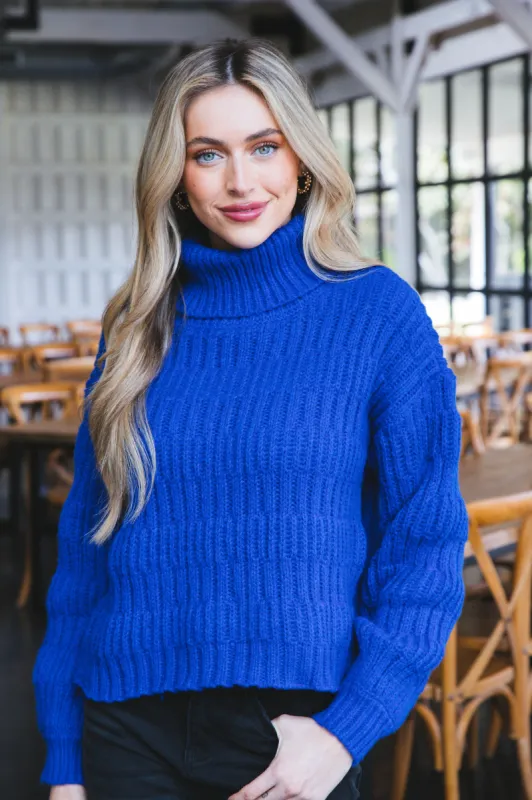 Gwen Turtleneck Bubble-Sleeve Sweater, Royal Blue made by Very J
