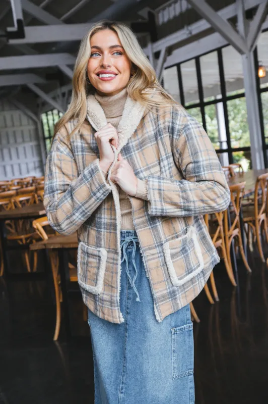 Isabel Plaid Reversible Faux Fur Jacket, Taupe Mix sold by North & Main Clothing Company