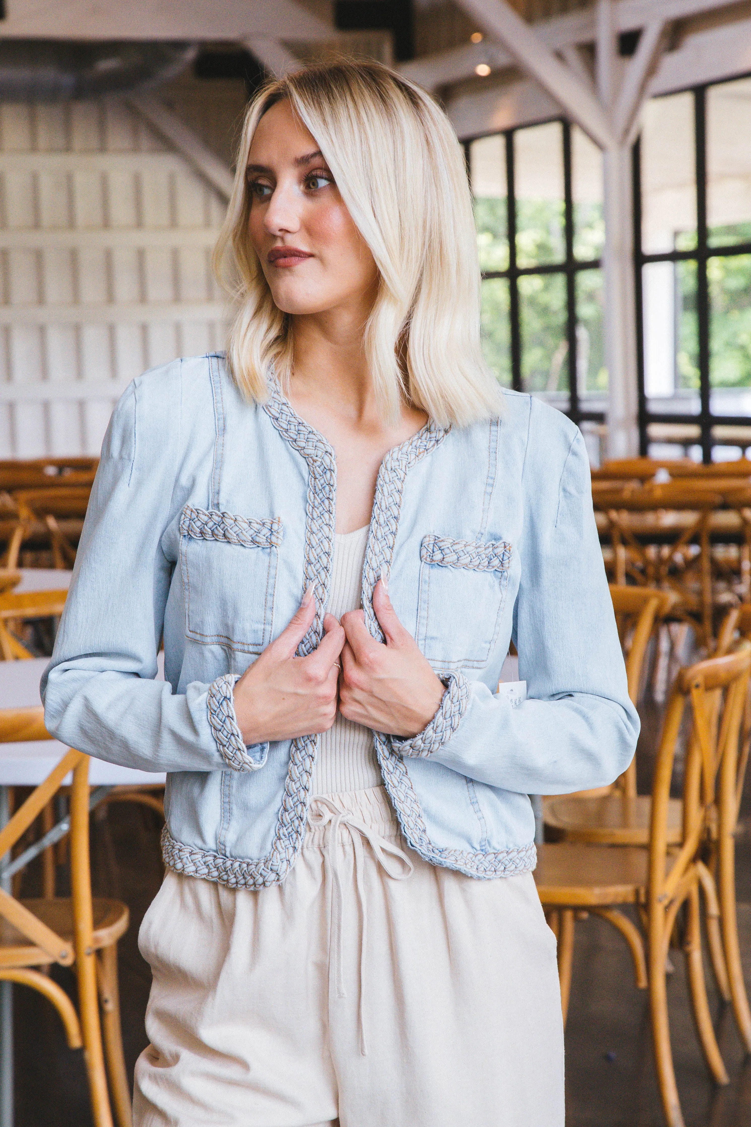 Paige Braided Trim Jean Jacket, Light Denim sold by North & Main Clothing Company
