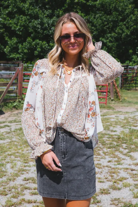 Spring Fling Floral Blouse, Light Taupe sold by North & Main Clothing Company