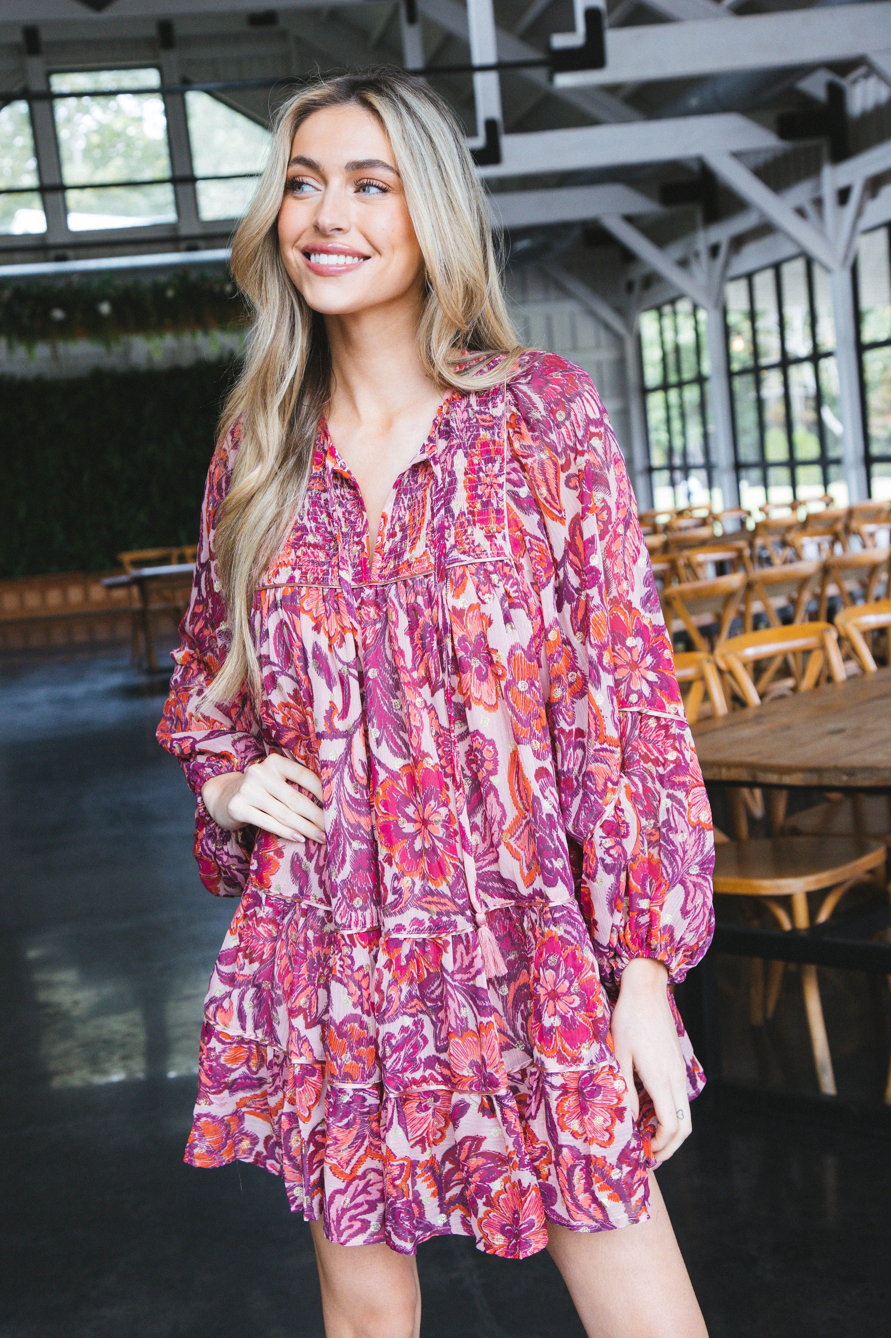 Skyla Tiered Puff Sleeve Dress, Pink Fuchsia sold by North & Main Clothing Company product image thumbnail 4