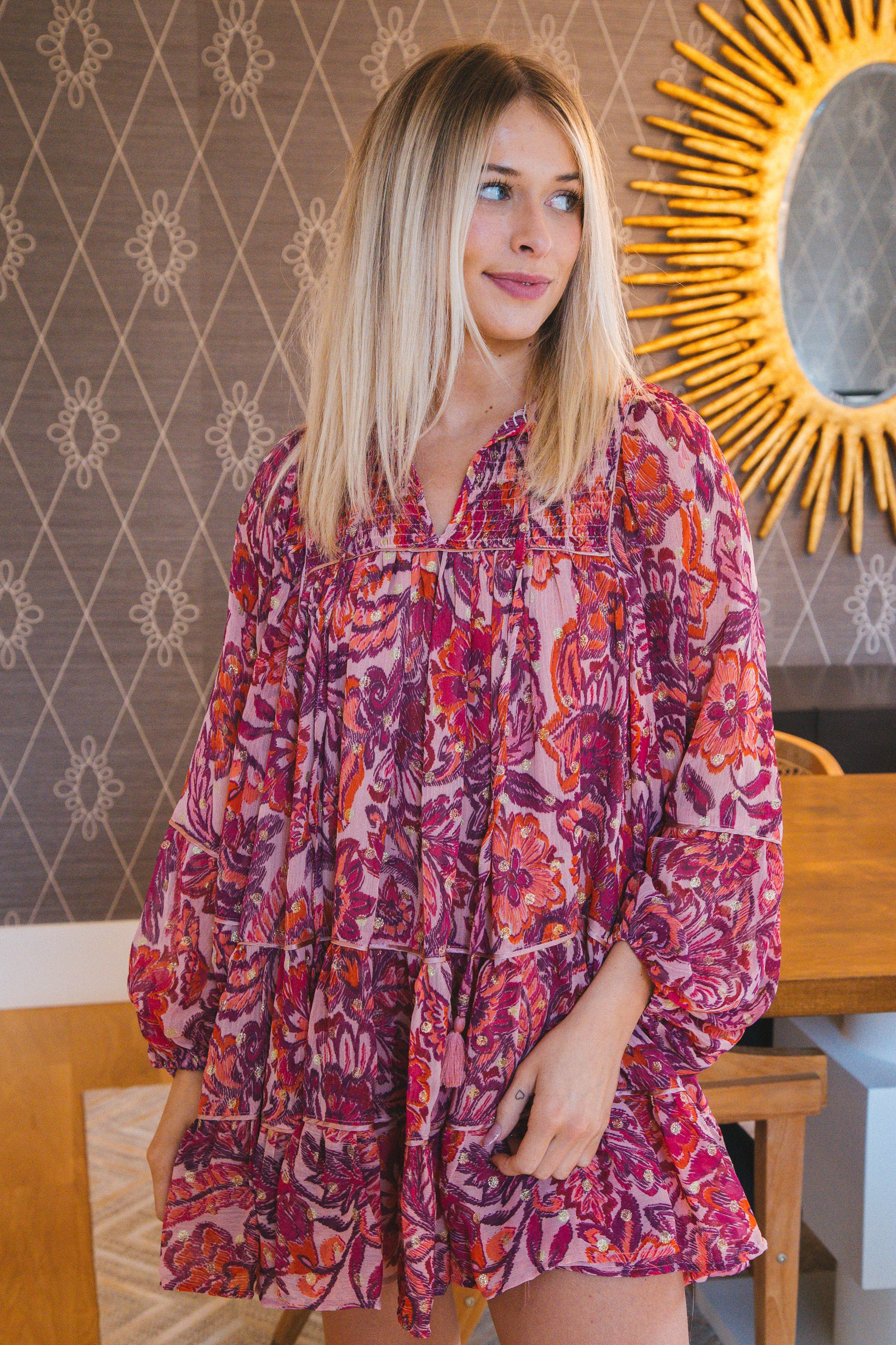 Skyla Tiered Puff Sleeve Dress, Pink Fuchsia sold by North & Main Clothing Company product image thumbnail 3