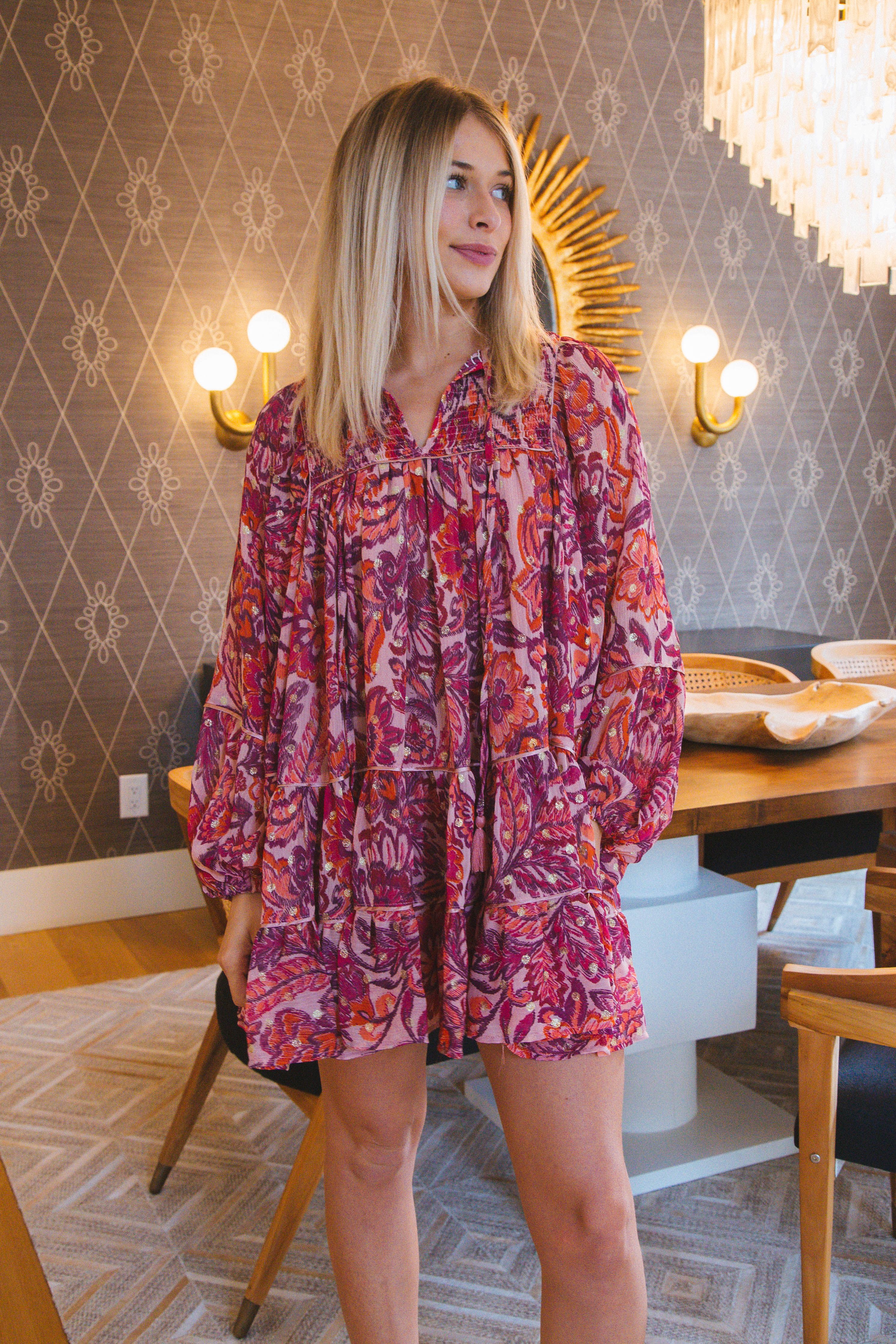 Skyla Tiered Puff Sleeve Dress, Pink Fuchsia sold by North & Main Clothing Company