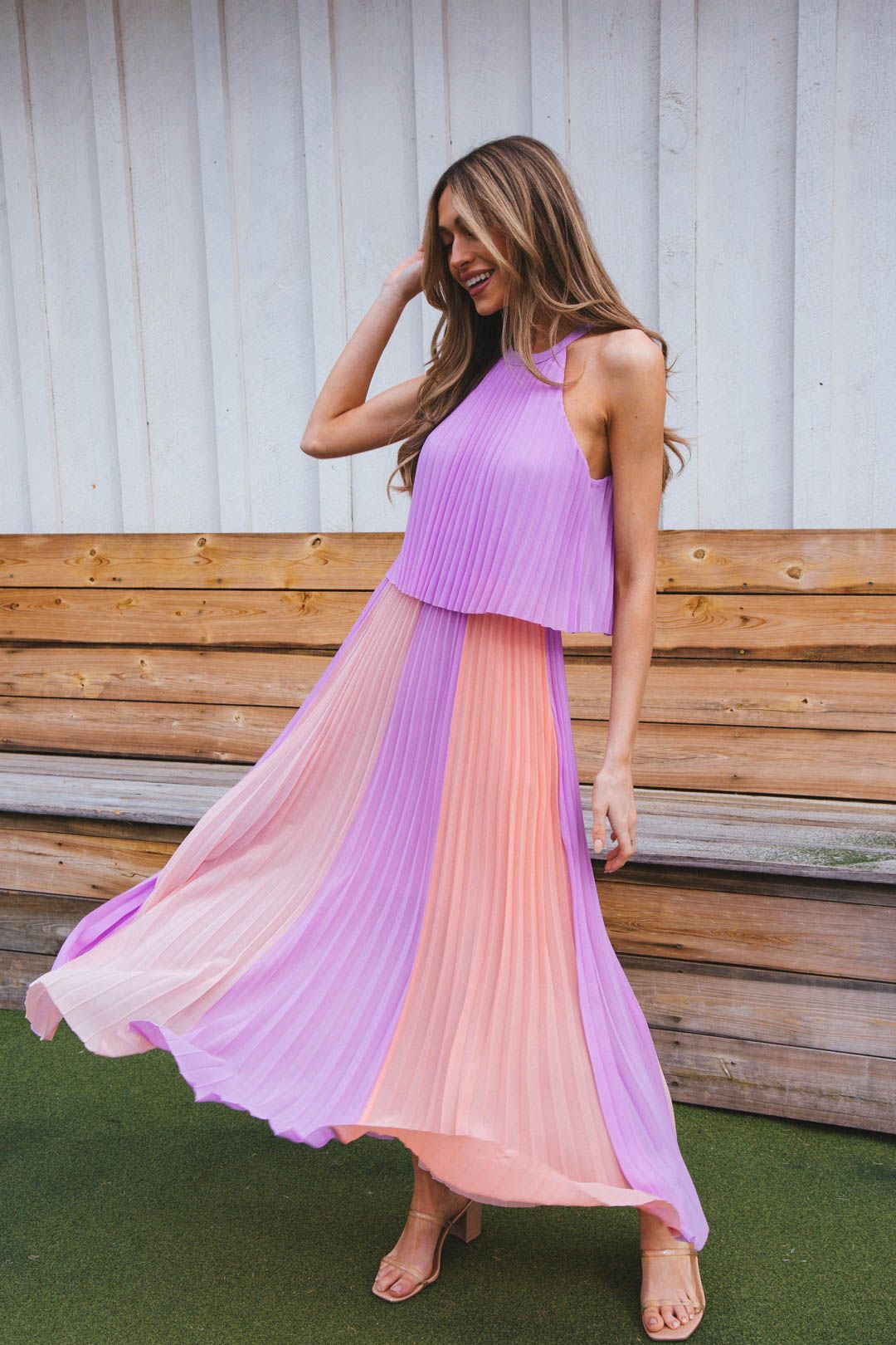 Belinda Pleated Color Block Maxi Dress, Lavender/Coral sold by North & Main Clothing Company product image thumbnail 2
