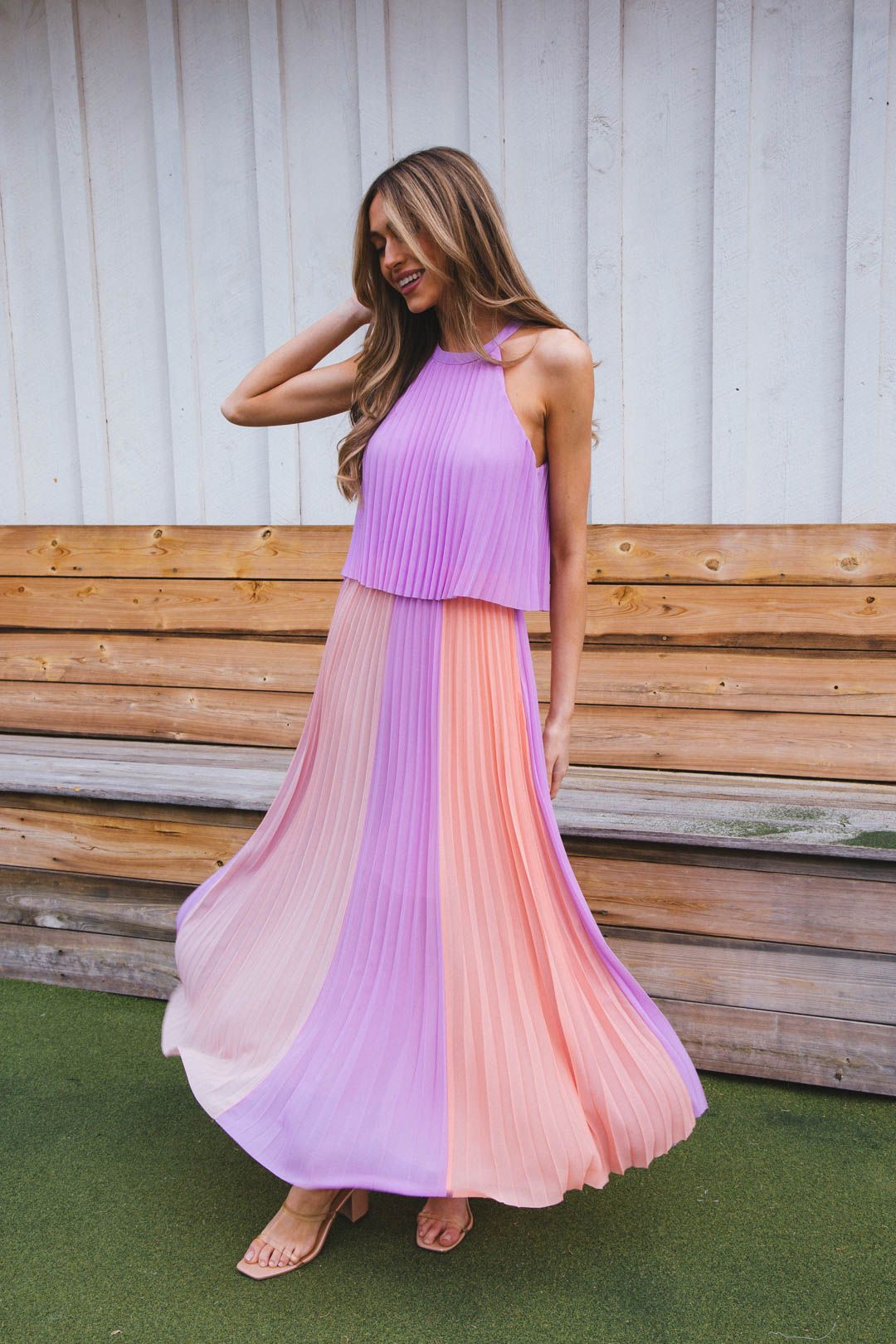 Belinda Pleated Color Block Maxi Dress, Lavender/Coral sold by North & Main Clothing Company product image thumbnail 4