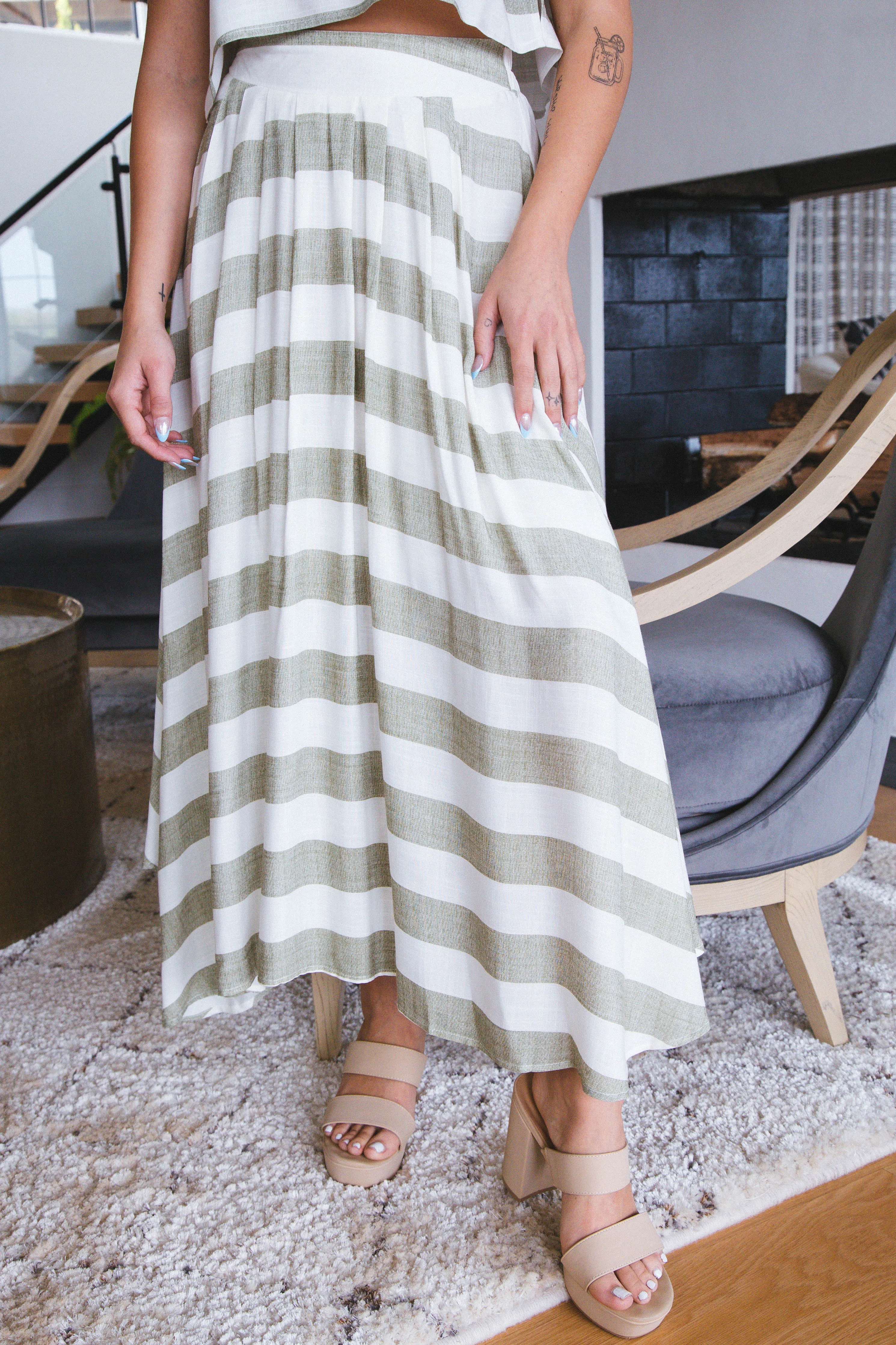 Taylor Striped Midi Skirt, Olive Multi sold by North & Main Clothing Company