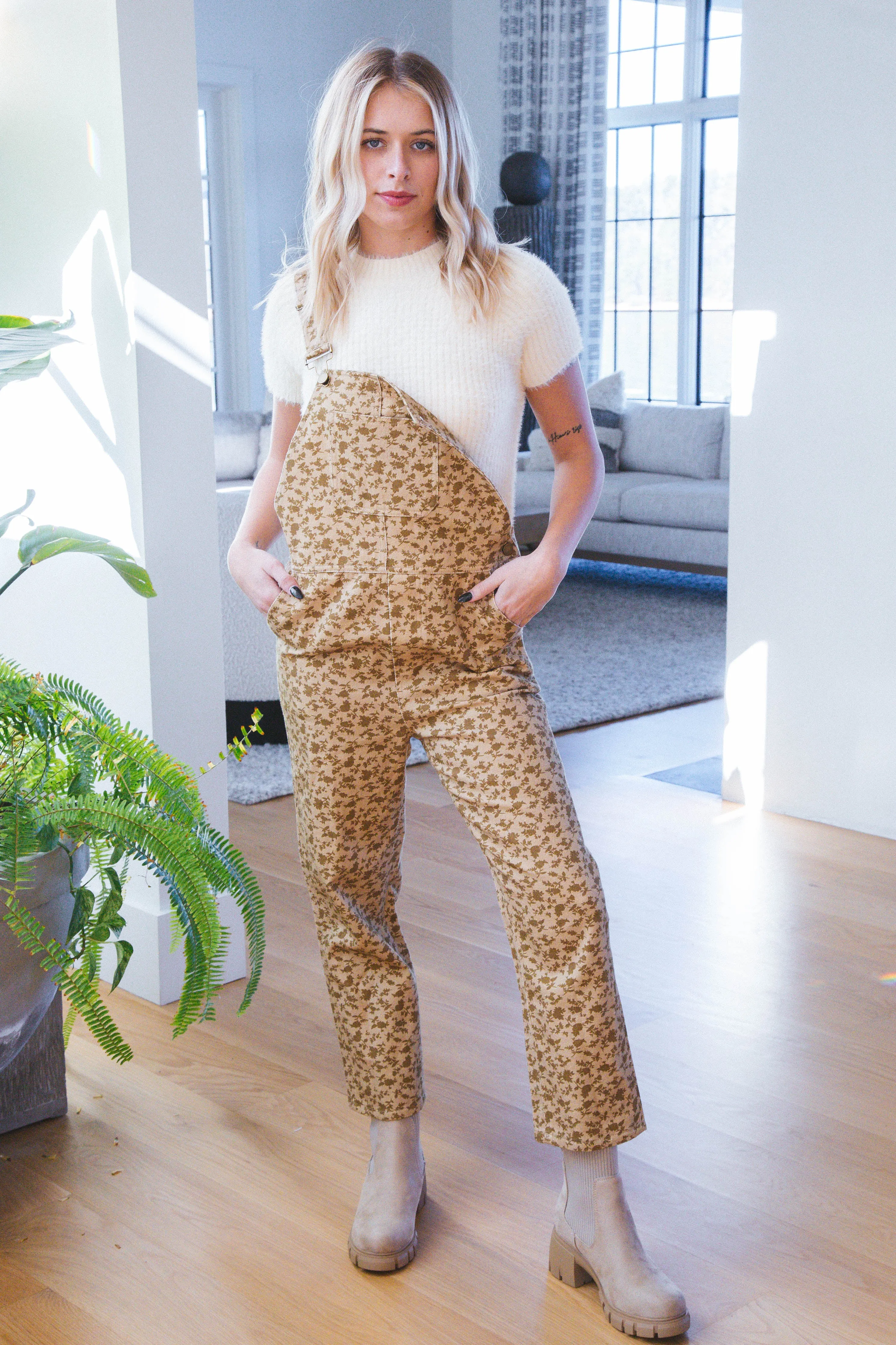 Bailey Floral Overalls, Light Green/Olive Floral sold by North & Main Clothing Company product image thumbnail 2