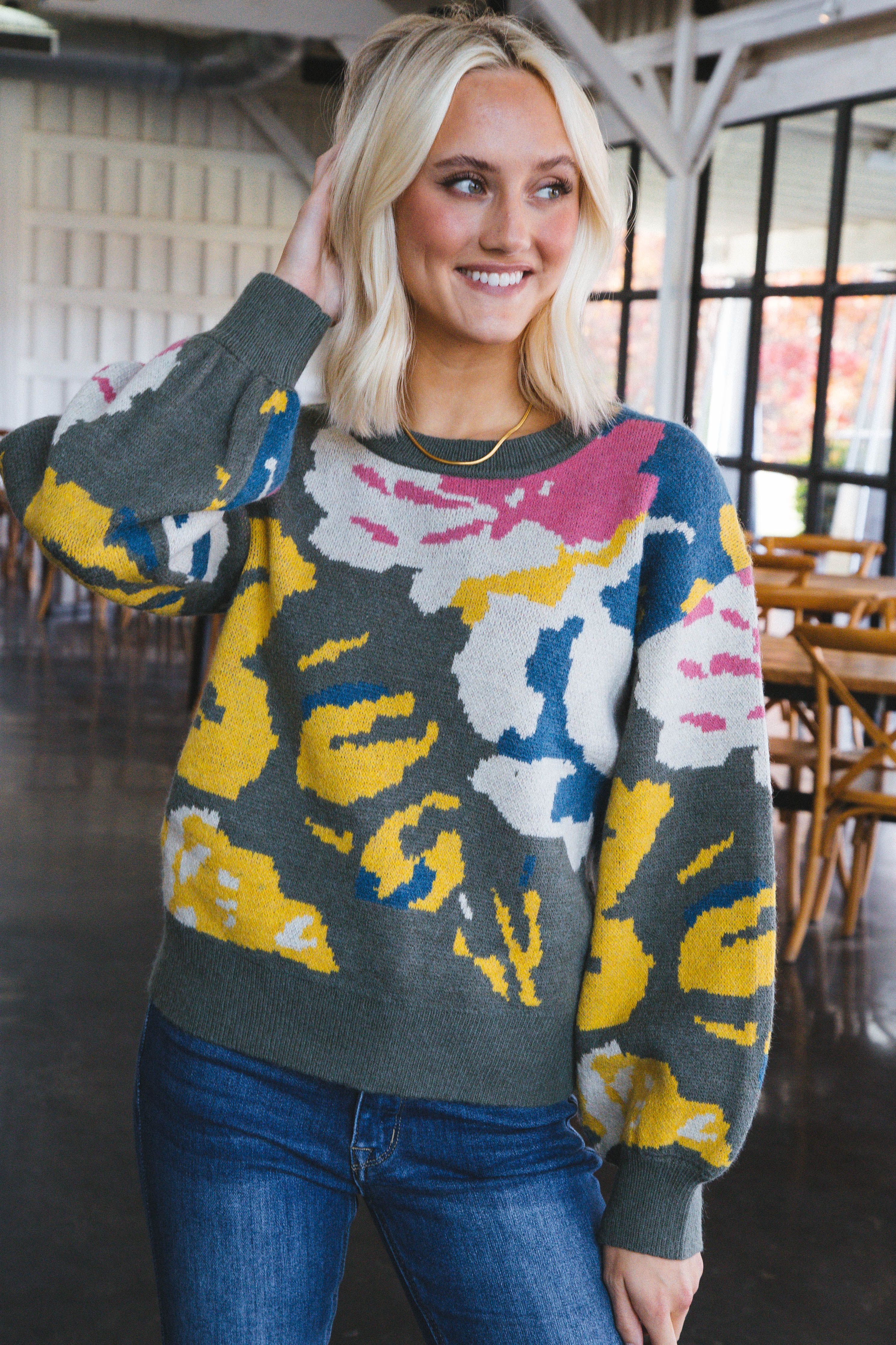 Addyson Multi Color Floral Printed Sweater, Green sold by North & Main Clothing Company