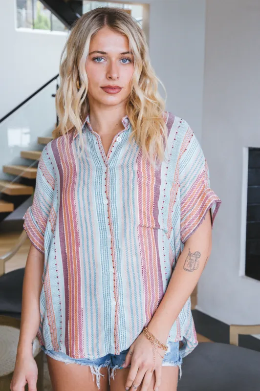 Elliana Textured Button Down Shirt, Blue/Red sold by North & Main Clothing Company